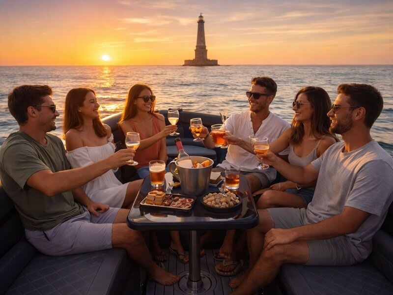 Groupe d'amis trinquant avec des boissons sur un bateau au coucher du soleil près d'un phare en mer.