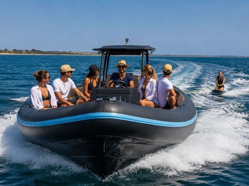 Groupe de personnes sur un bateau rapide en mer, avec une personne en ski nautique à l'arrière.