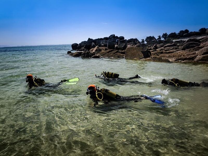 Trois plongeurs en combinaison noire avec palmes et masques nageant dans une eau peu profonde près des rochers.