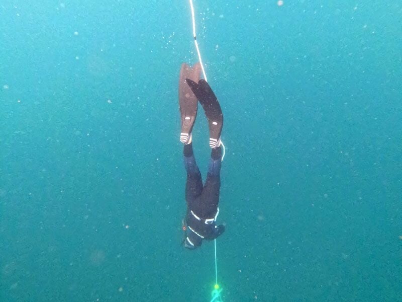 Plongeur en combinaison noire descendant en apnée dans l'eau claire, accroché à une corde de plongée.
