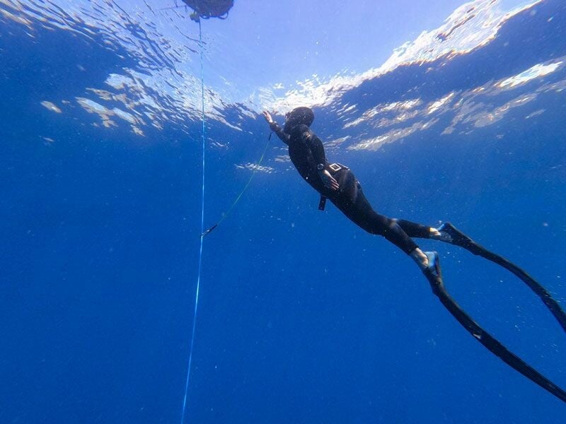 Plongeur en combinaison noire s'agrippe à une corde sous l'eau, avec des palmes longues et noires.