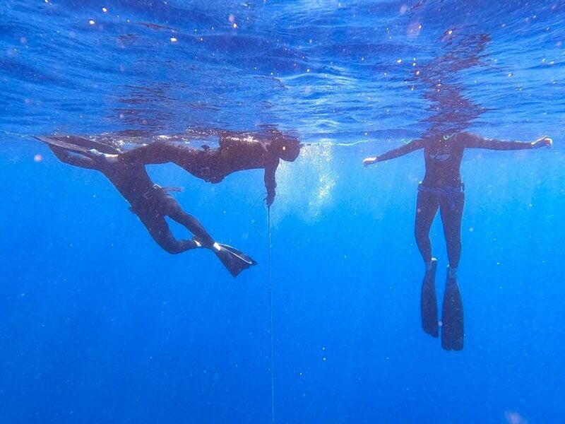 Trois plongeurs en combinaison noire flottent à la surface de l'eau, vus de dessous dans une mer claire.