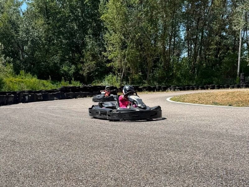 Deux personnes en karts noirs sur une piste de karting entourée d'arbres verts par une journée ensoleillée.