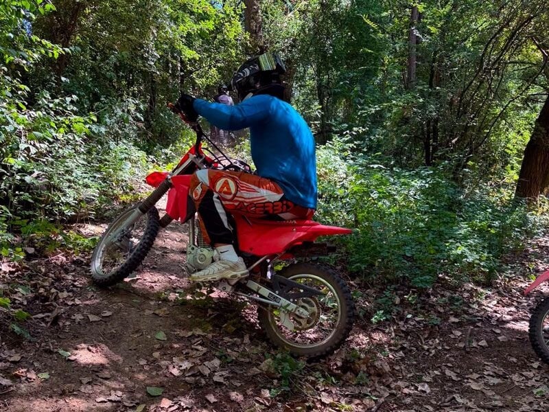 Motocycliste en tenue bleue et casque noir roulant sur un sentier forestier entouré de feuillage dense et sol terreux.