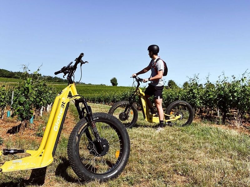 Deux personnes avec casque sur des trottinettes électriques jaunes dans un champ de vigne sous un ciel bleu clair.