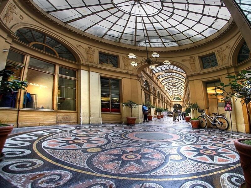 Vue intérieure d'une galerie parisienne avec un sol en mosaïque, des plantes et une verrière au plafond.