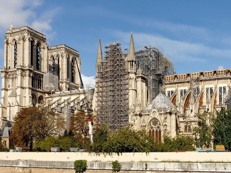 Cathédrale Notre-Dame de Paris en rénovation, vue de jour avec échafaudages et arbres en premier plan.
