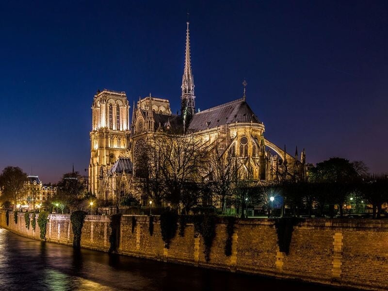Cathédrale Notre-Dame de Paris illuminée la nuit, avec la Seine et des arbres sombres en premier plan.