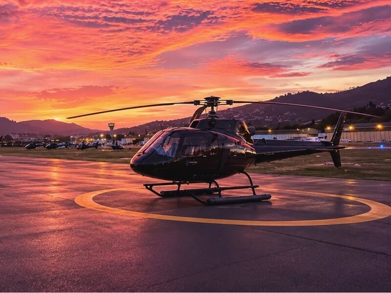 Hélicoptère noir stationné sur un héliport au coucher du soleil avec un ciel orange et montagnes.