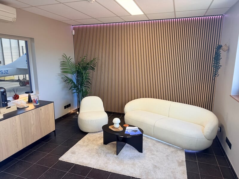 Intérieur moderne avec canapé blanc, fauteuil, table basse noire, plante verte et mur en bois clair.