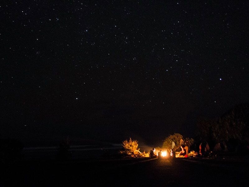 Un groupe autour d'un feu de camp sous un ciel étoilé lors d'une nuit en pleine nature sauvage.