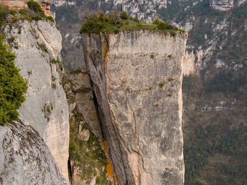 Rocher vertical étroit avec une petite végétation au sommet, entouré de falaises et de forêt dense.