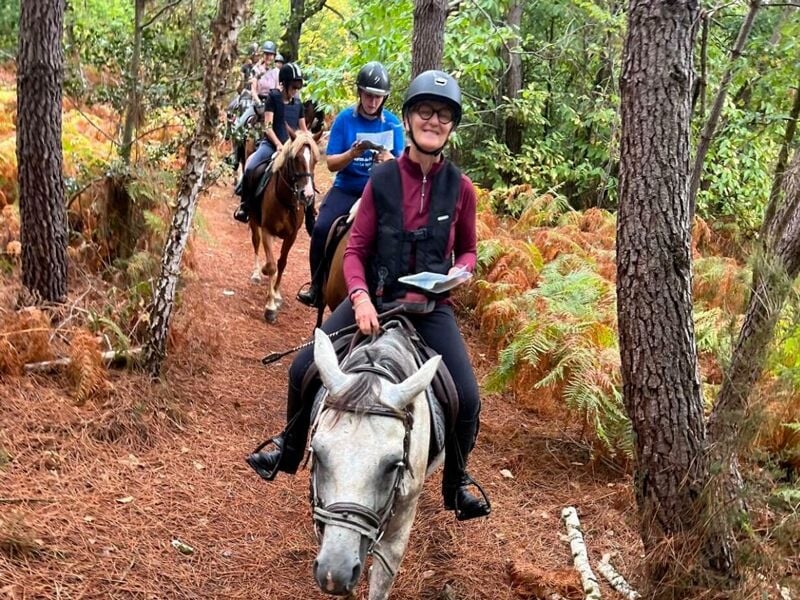 Groupe de cavaliers en balade à cheval dans une forêt avec un sol couvert de feuilles et de fougères.