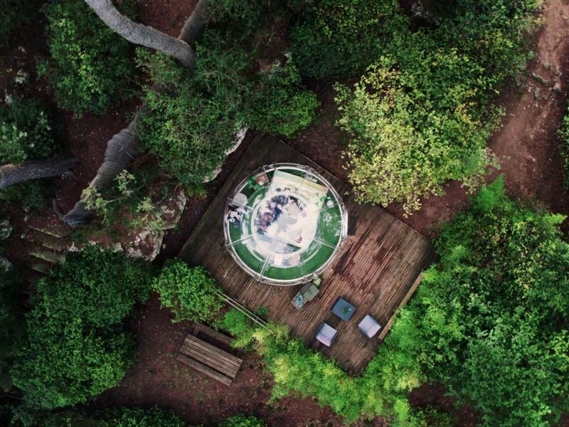 Vue aérienne d'une bulle transparente avec terrasse en bois, entourée d'arbres et de végétation dense dans un cadre naturel.