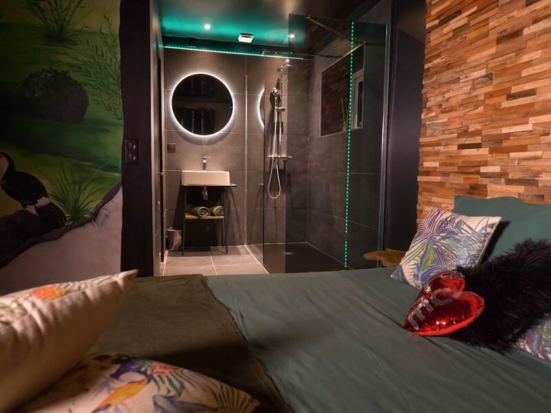 Vue d'une chambre avec lit et salle de bain moderne avec douche à l'italienne et mur en bois.