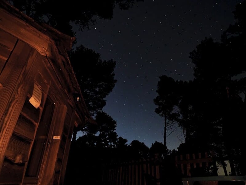 Ciel étoilé au-dessus d'une cabane en bois la nuit, silhouettes d'arbres sombres autour.