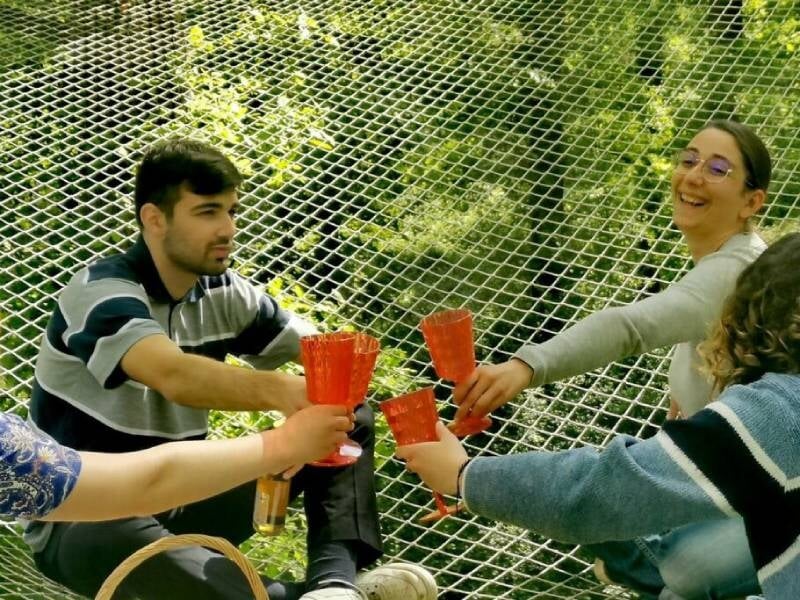 Groupe d'amis assis sur un filet suspendu en forêt, trinquant avec des verres rouges en plastique.
